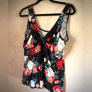 Black Floral Tankini Top with Red & White Roses Swimsuit Top 2XL